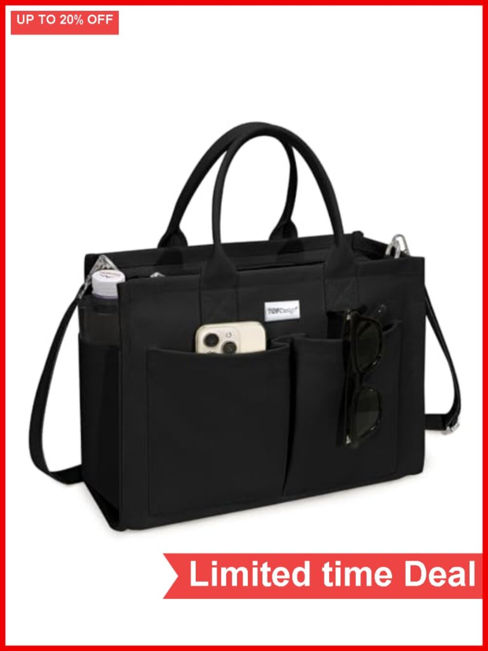 Heavy-Duty Canvas Tote Bag with 9 Pockets, Laptop, Crossbody/Shoulder